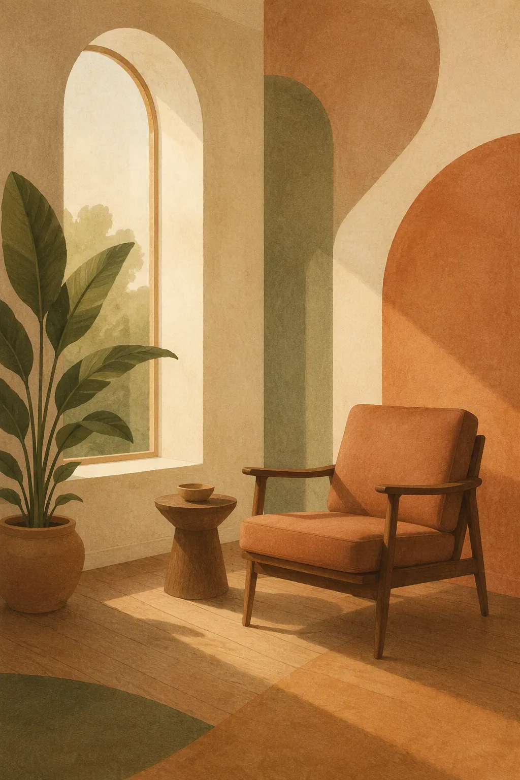 Abstract illustration of an empty armchair beside a tall arched window, with soft morning light and a potted plant