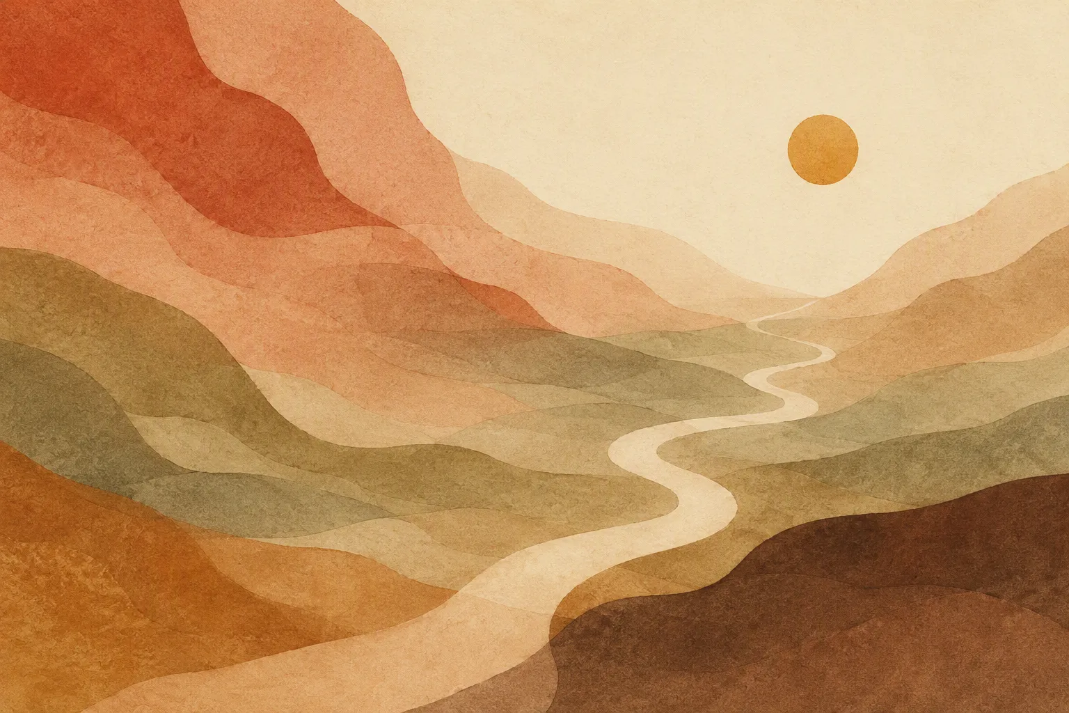 Abstract illustration of layered landscape strata with a thin winding path threading through them towards a small warm light