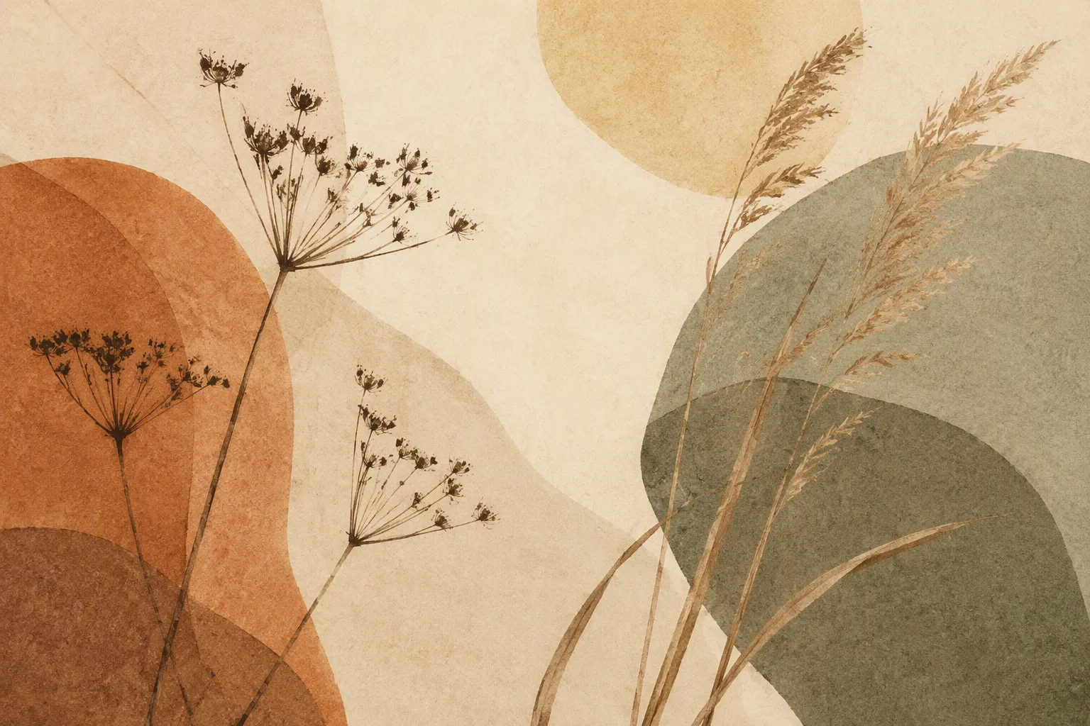 Abstract illustration of dried seed heads and tall grasses in soft terracotta and sage tones