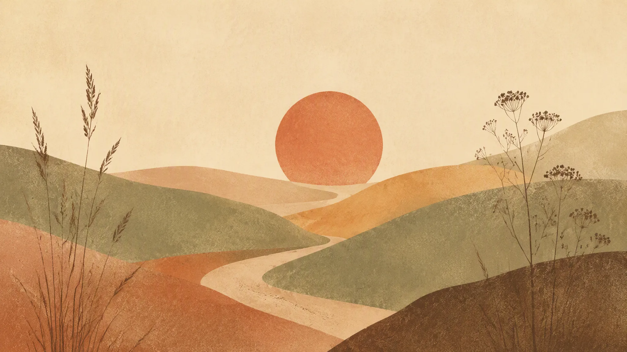 Abstract illustration of rolling hills in warm terracotta, sage and ochre, with a winding path leading towards a low sun