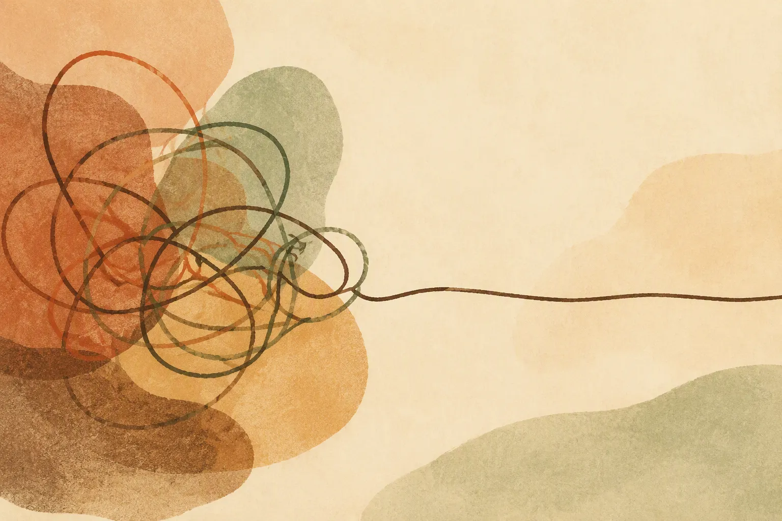 Abstract illustration of tangled loops on one side gradually unwinding into a single calm line