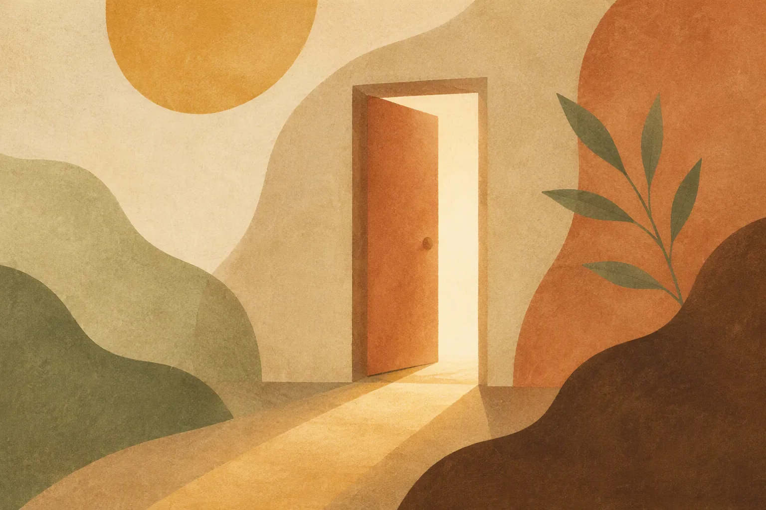 Abstract illustration of a door slightly ajar with warm light spilling through the opening